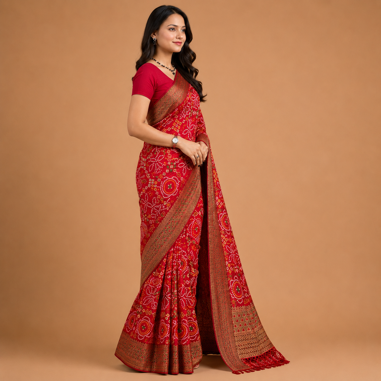 Women’s Red Bandhani Print Georgette Saree with Rich Woven Border | Traditional Designer Ethnic Wear