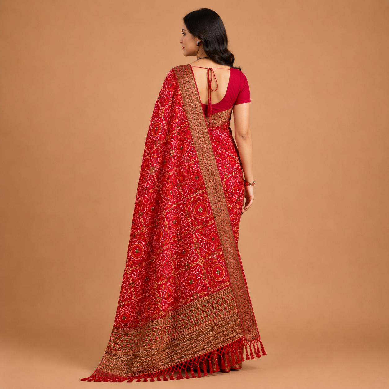 Women’s Red Bandhani Print Georgette Saree with Rich Woven Border | Traditional Designer Ethnic Wear