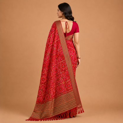 Women’s Red Bandhani Print Georgette Saree with Rich Woven Border | Traditional Designer Ethnic Wear