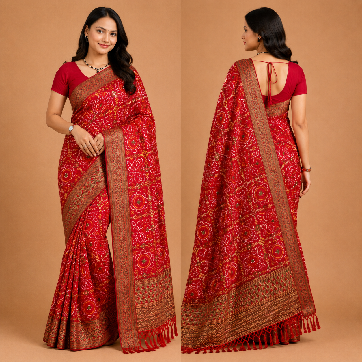 Women’s Red Bandhani Print Georgette Saree with Rich Woven Border | Traditional Designer Ethnic Wear