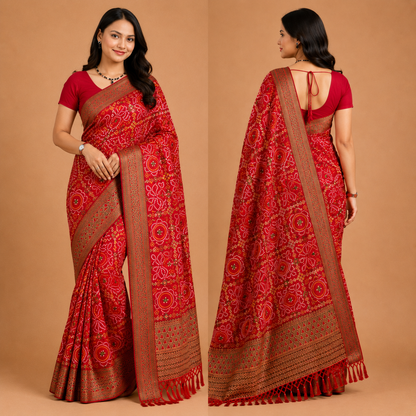 Women’s Red Bandhani Print Georgette Saree with Rich Woven Border | Traditional Designer Ethnic Wear