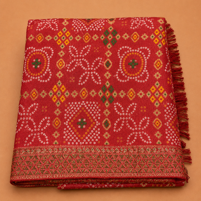 Women’s Red Bandhani Print Georgette Saree with Rich Woven Border | Traditional Designer Ethnic Wear