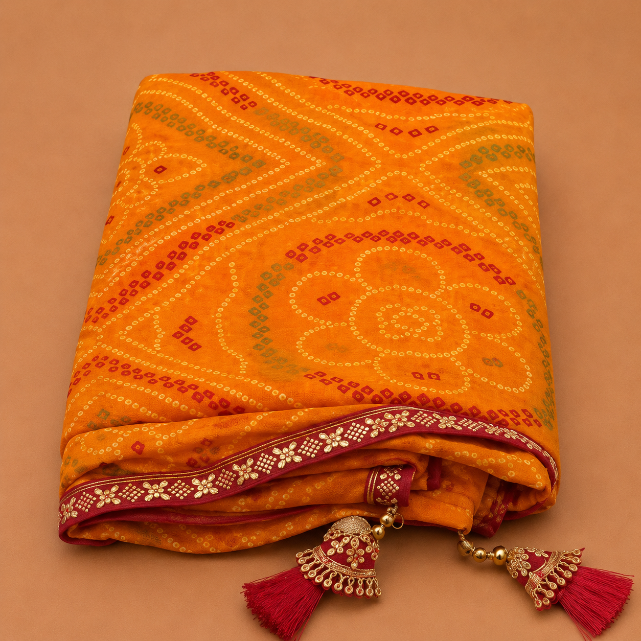 Women’s Mustard Orange Bandhani Print Georgette Saree with Tassel Pallu | Festive Designer Ethnic Wear