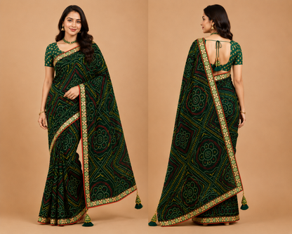 Women’s Dark Green Bandhani Print Georgette Saree with Tassel Pallu | Designer Festive Ethnic Wear