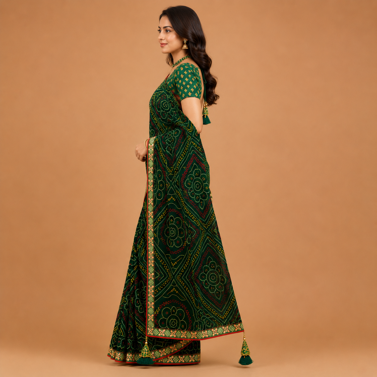 Women’s Dark Green Bandhani Print Georgette Saree with Tassel Pallu | Designer Festive Ethnic Wear