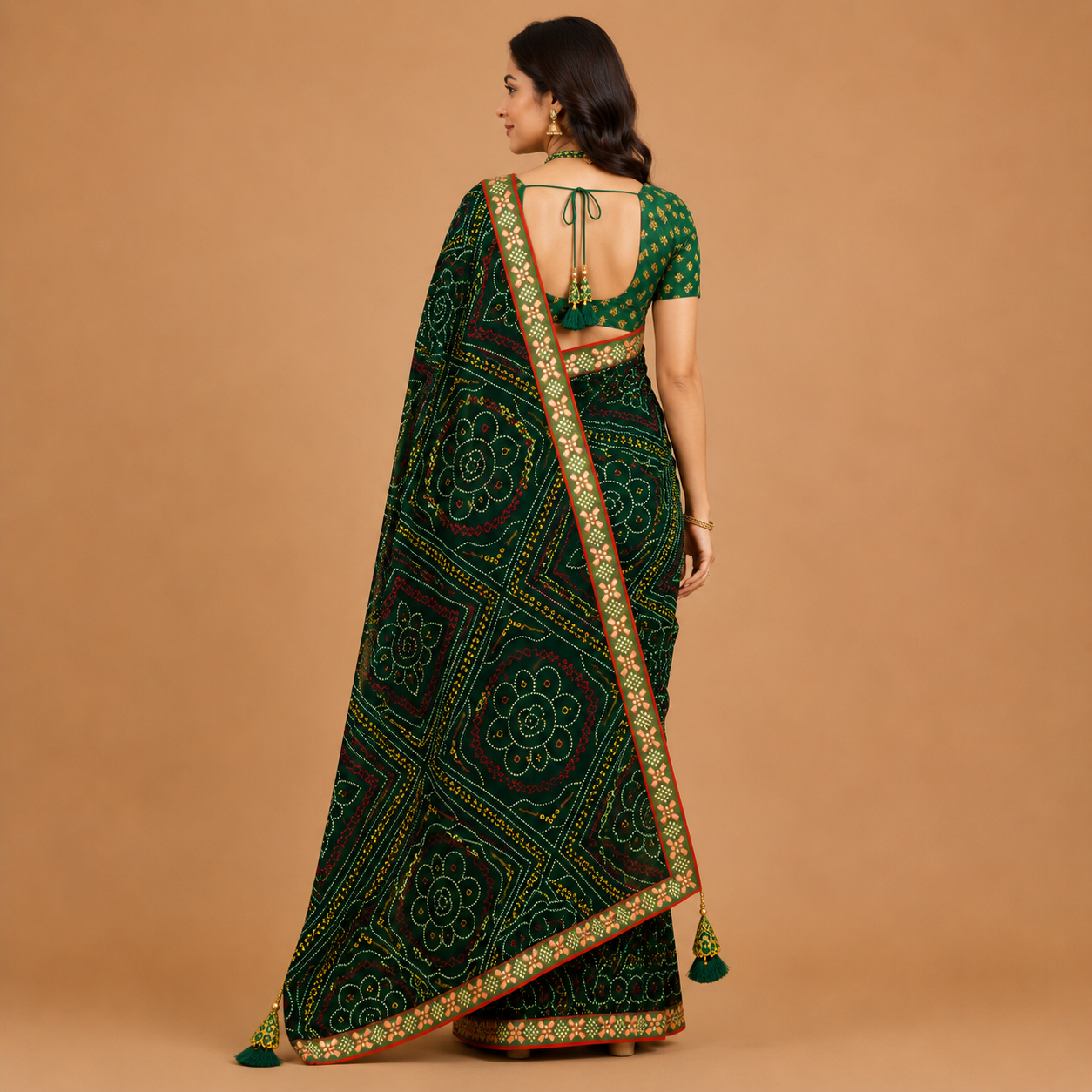 Women’s Dark Green Bandhani Print Georgette Saree with Tassel Pallu | Designer Festive Ethnic Wear