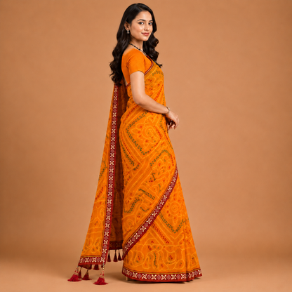 Women’s Mustard Orange Bandhani Print Georgette Saree with Tassel Pallu | Festive Designer Ethnic Wear