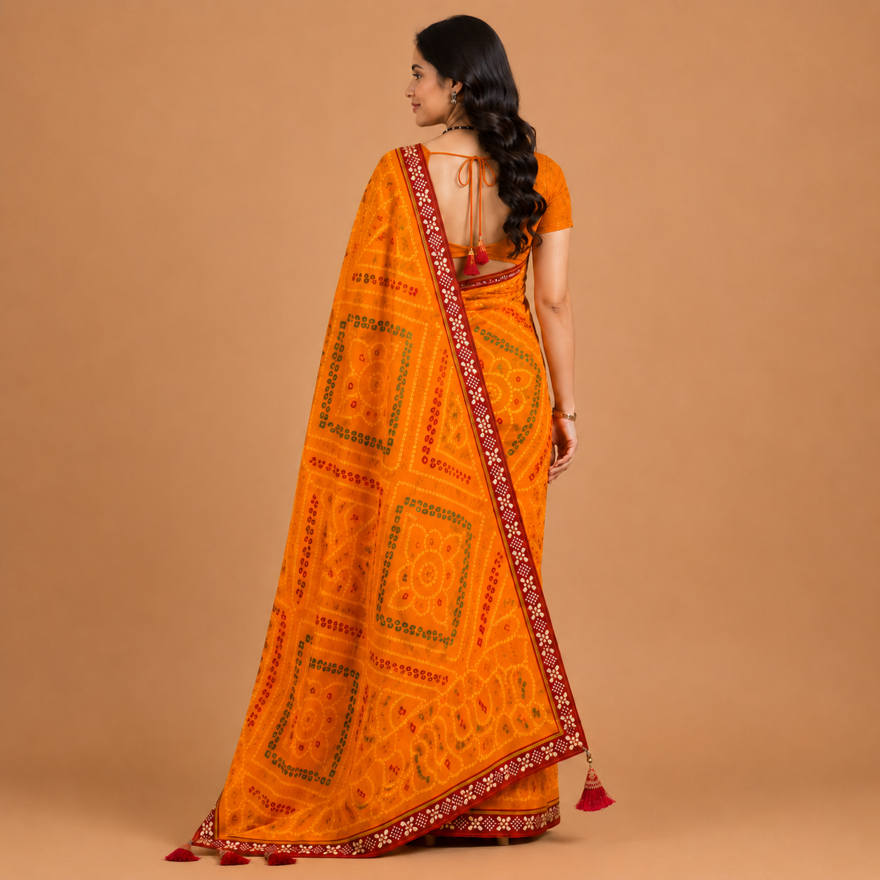 Women’s Mustard Orange Bandhani Print Georgette Saree with Tassel Pallu | Festive Designer Ethnic Wear
