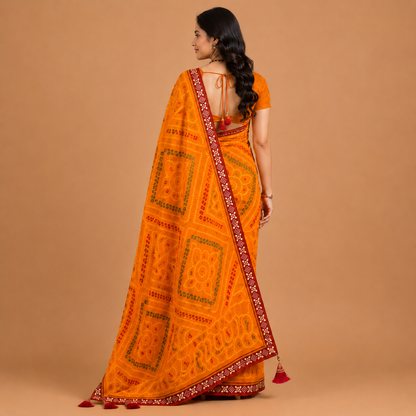 Women’s Mustard Orange Bandhani Print Georgette Saree with Tassel Pallu | Festive Designer Ethnic Wear