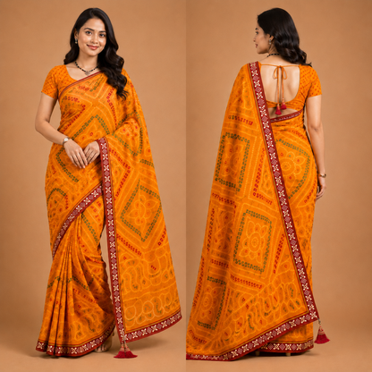 Women’s Mustard Orange Bandhani Print Georgette Saree with Tassel Pallu | Festive Designer Ethnic Wear
