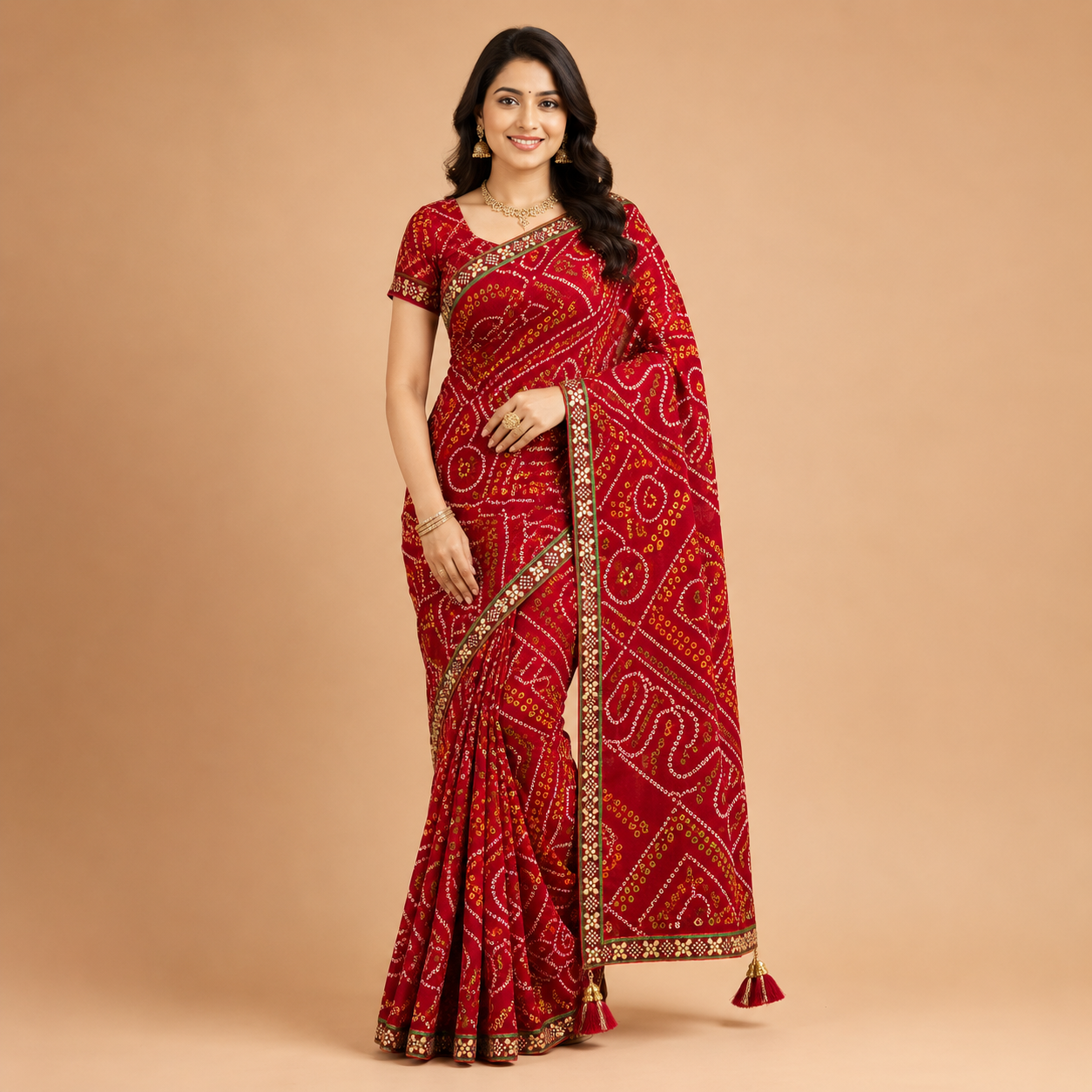 Women’s Red Bandhani Print Georgette Saree with Tassel Pallu | Designer Festive Ethnic Wear