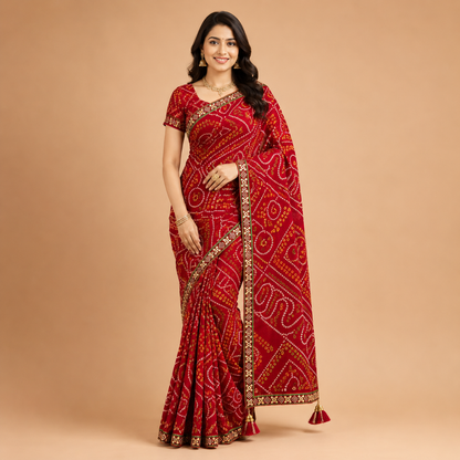 Women’s Red Bandhani Print Georgette Saree with Tassel Pallu | Designer Festive Ethnic Wear
