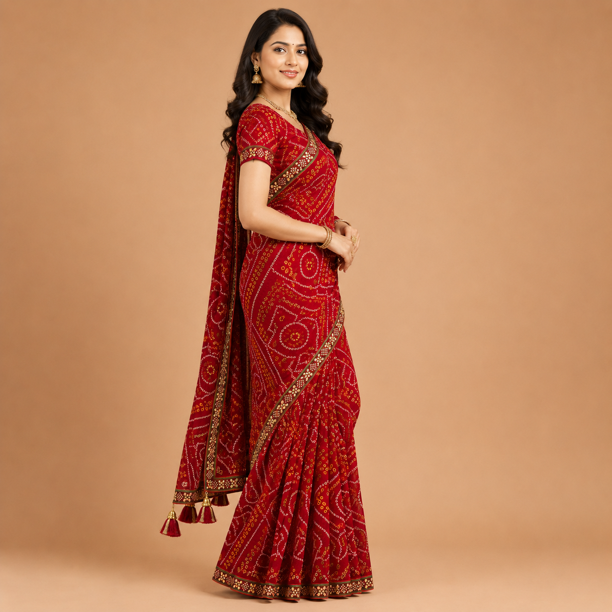 Women’s Red Bandhani Print Georgette Saree with Tassel Pallu | Designer Festive Ethnic Wear