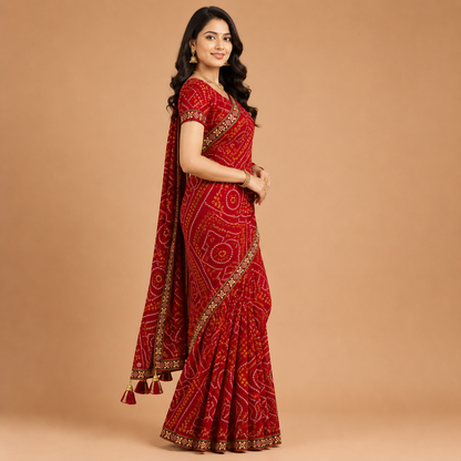 Women’s Red Bandhani Print Georgette Saree with Tassel Pallu | Designer Festive Ethnic Wear