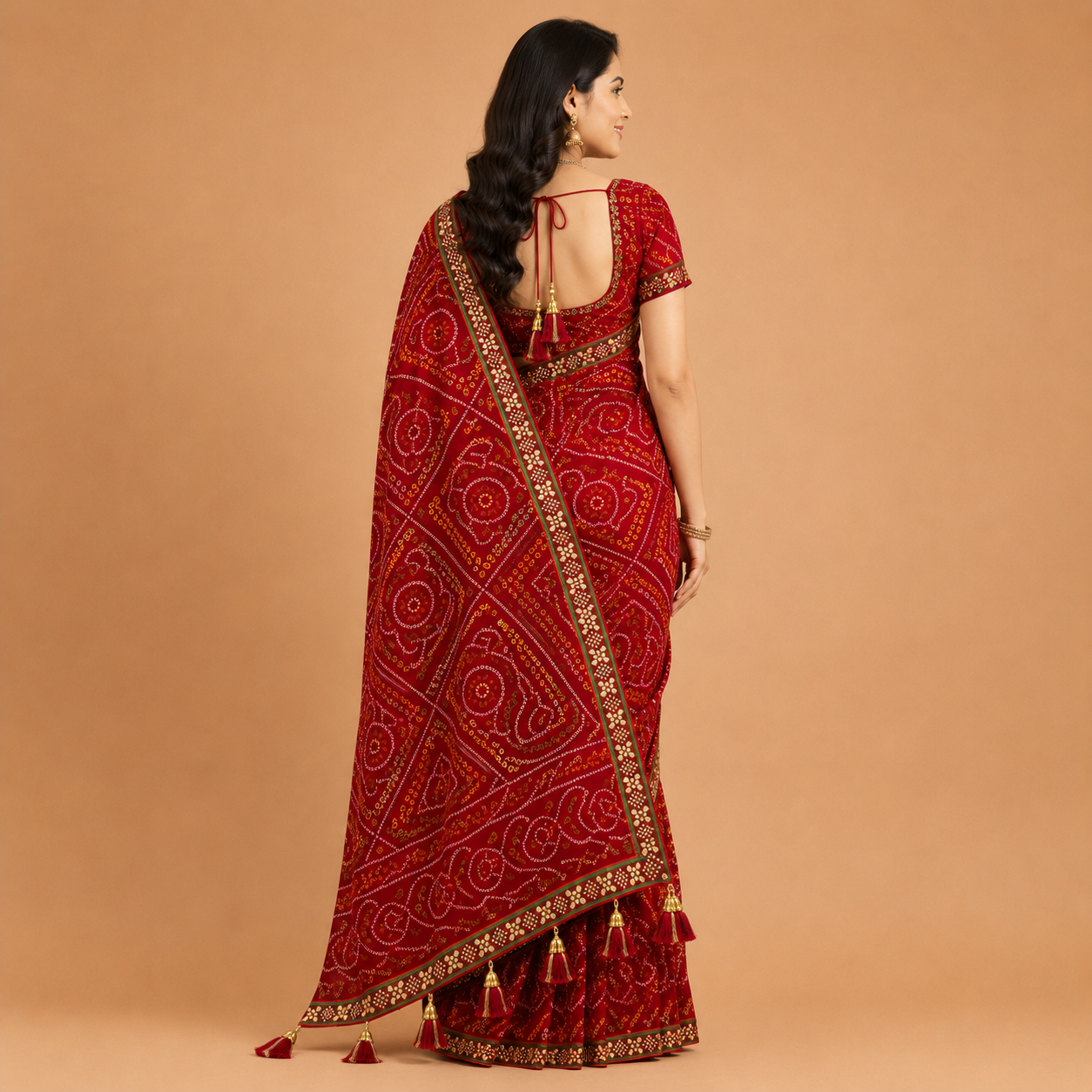 Women’s Red Bandhani Print Georgette Saree with Tassel Pallu | Designer Festive Ethnic Wear