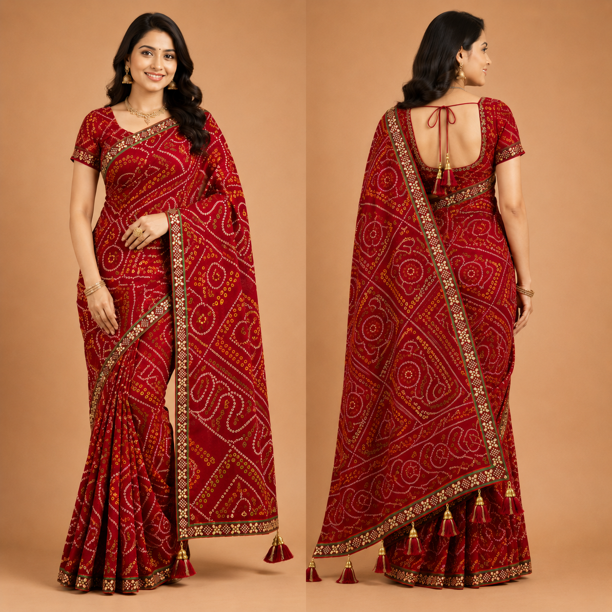 Women’s Red Bandhani Print Georgette Saree with Tassel Pallu | Designer Festive Ethnic Wear