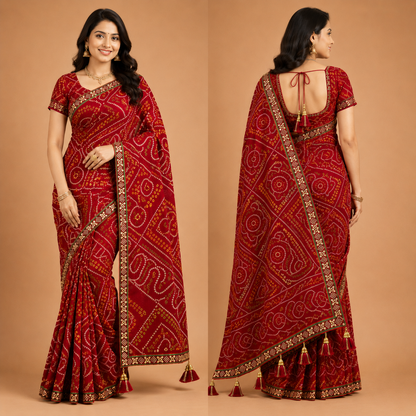 Women’s Red Bandhani Print Georgette Saree with Tassel Pallu | Designer Festive Ethnic Wear