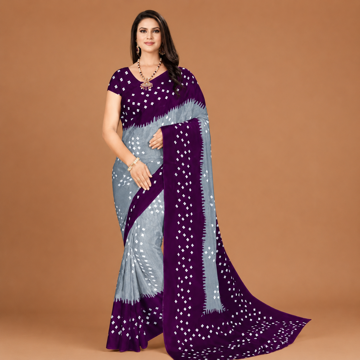 Royal Purple & Silver Bandhani Style Saree with Contrast Border – Elegant Ethnic Wear for Women