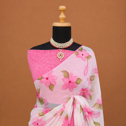 Pink Floral Print Designer Saree with Matching Blouse – Soft Elegant Party Wear Saree