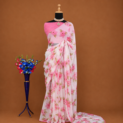 Pink Floral Print Designer Saree with Matching Blouse – Soft Elegant Party Wear Saree