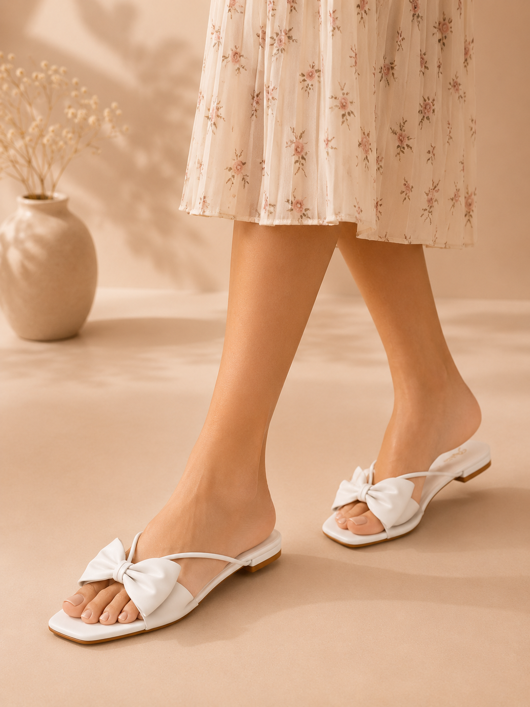 Auffi Women's Elegant Square-Toe Bow Flat Sandals – Chic Cross-Strap Slip-On Slides
