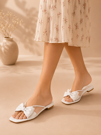 Auffi Women's Elegant Square-Toe Bow Flat Sandals – Chic Cross-Strap Slip-On Slides