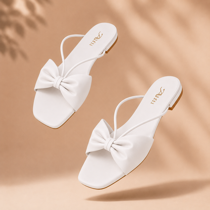 Auffi Women's Elegant Square-Toe Bow Flat Sandals – Chic Cross-Strap Slip-On Slides