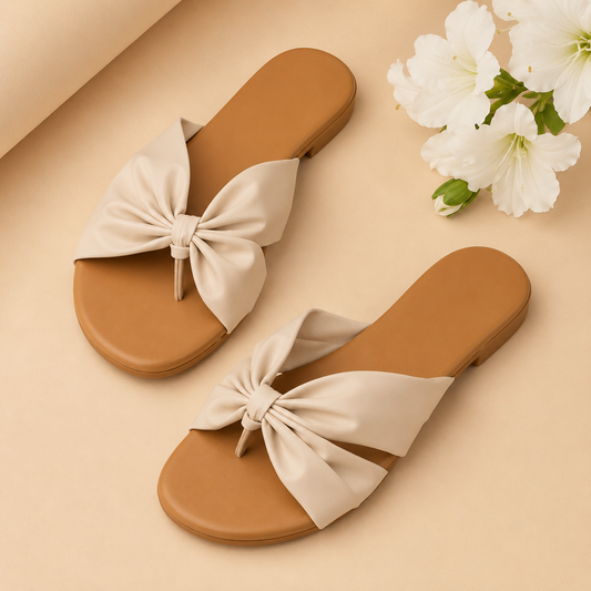 Off White Bow Detail Toe-Ring Flats for Women | Elegant Casual Slip-On Sandals