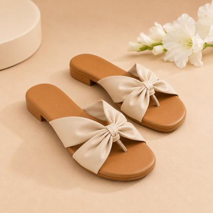 Off White Bow Detail Toe-Ring Flats for Women | Elegant Casual Slip-On Sandals