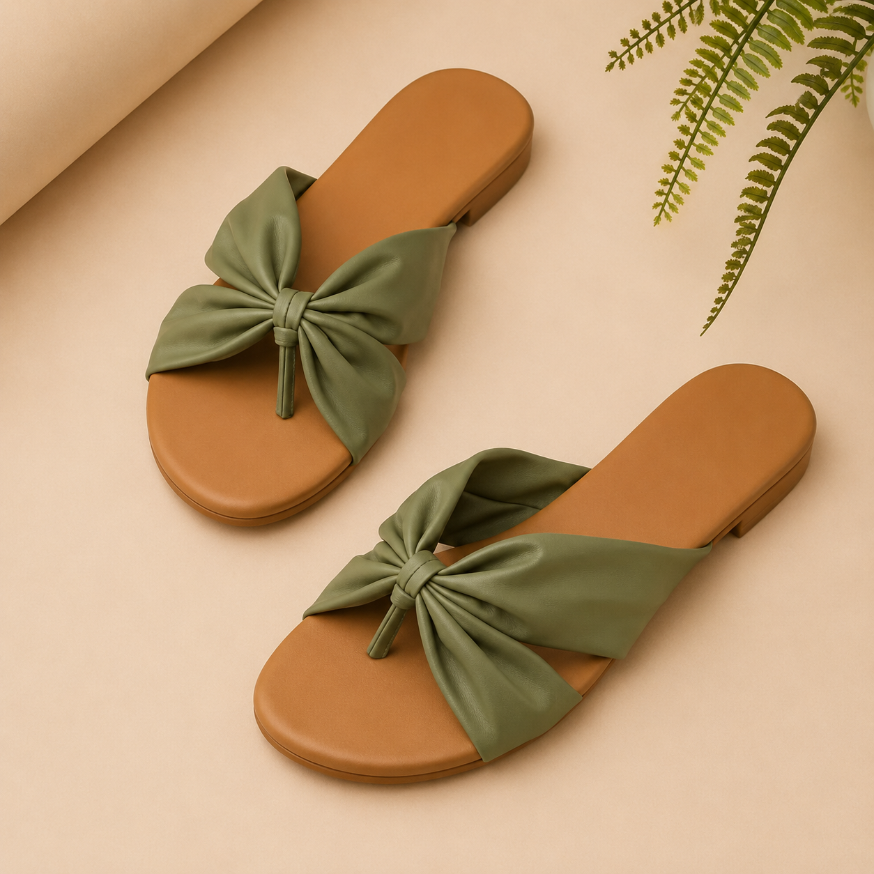 Green White Bow Detail Toe-Ring Flats for Women | Elegant Casual Slip-On Sandals