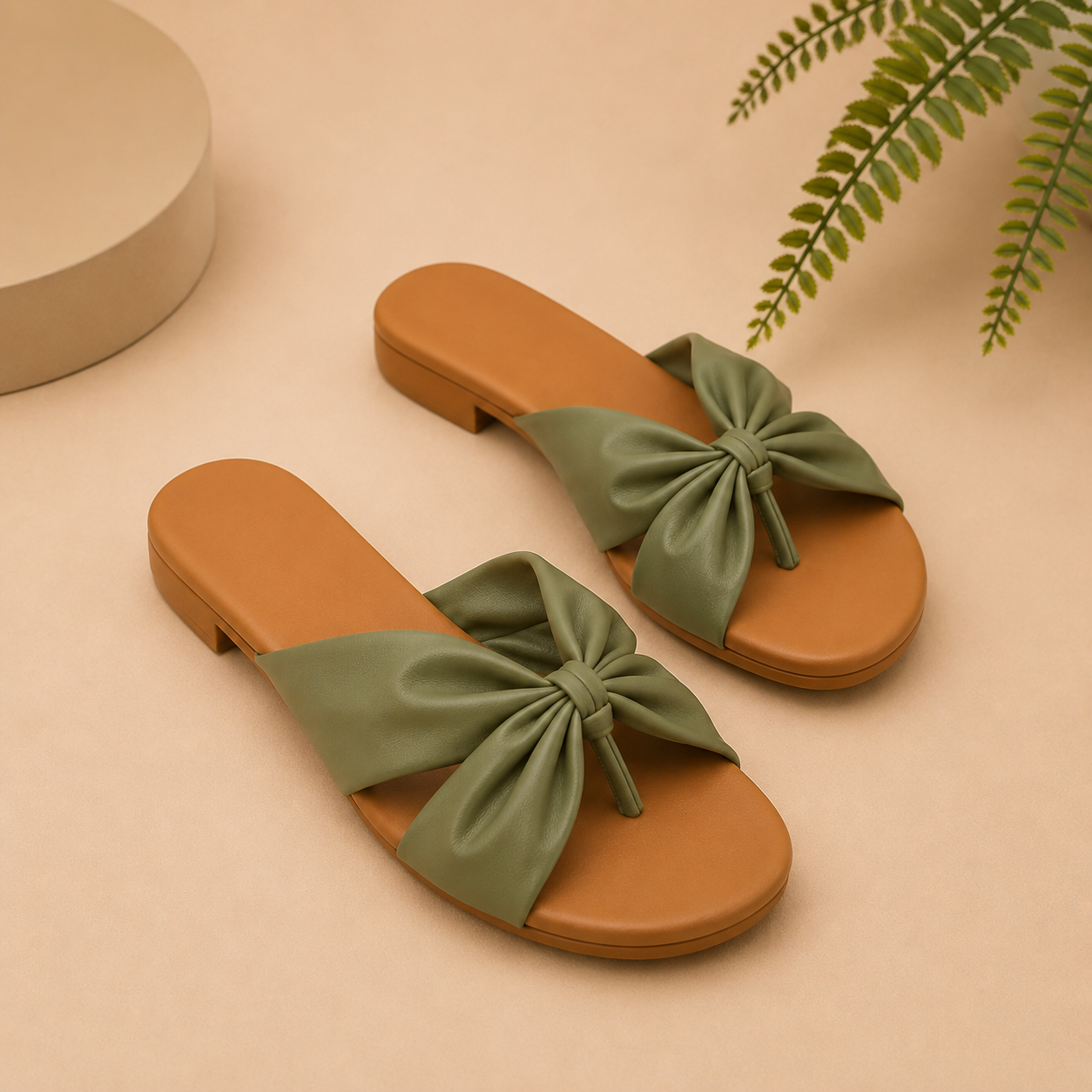 Green White Bow Detail Toe-Ring Flats for Women | Elegant Casual Slip-On Sandals