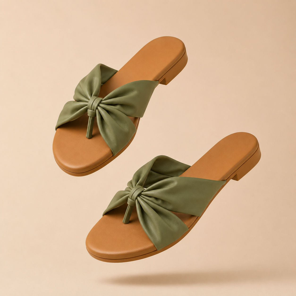 Green White Bow Detail Toe-Ring Flats for Women | Elegant Casual Slip-On Sandals
