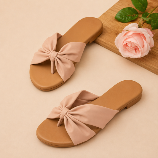 Pink Bow Detail Toe-Ring Flats for Women | Elegant Casual Slip-On Sandals