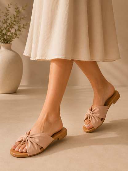Pink Bow Detail Toe-Ring Flats for Women | Elegant Casual Slip-On Sandals