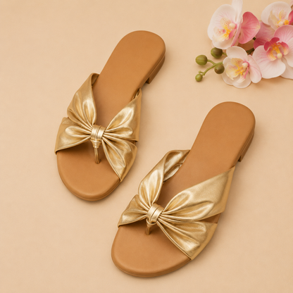 Golden Bow Detail Toe-Ring Flats for Women | Elegant Casual Slip-On Sandals