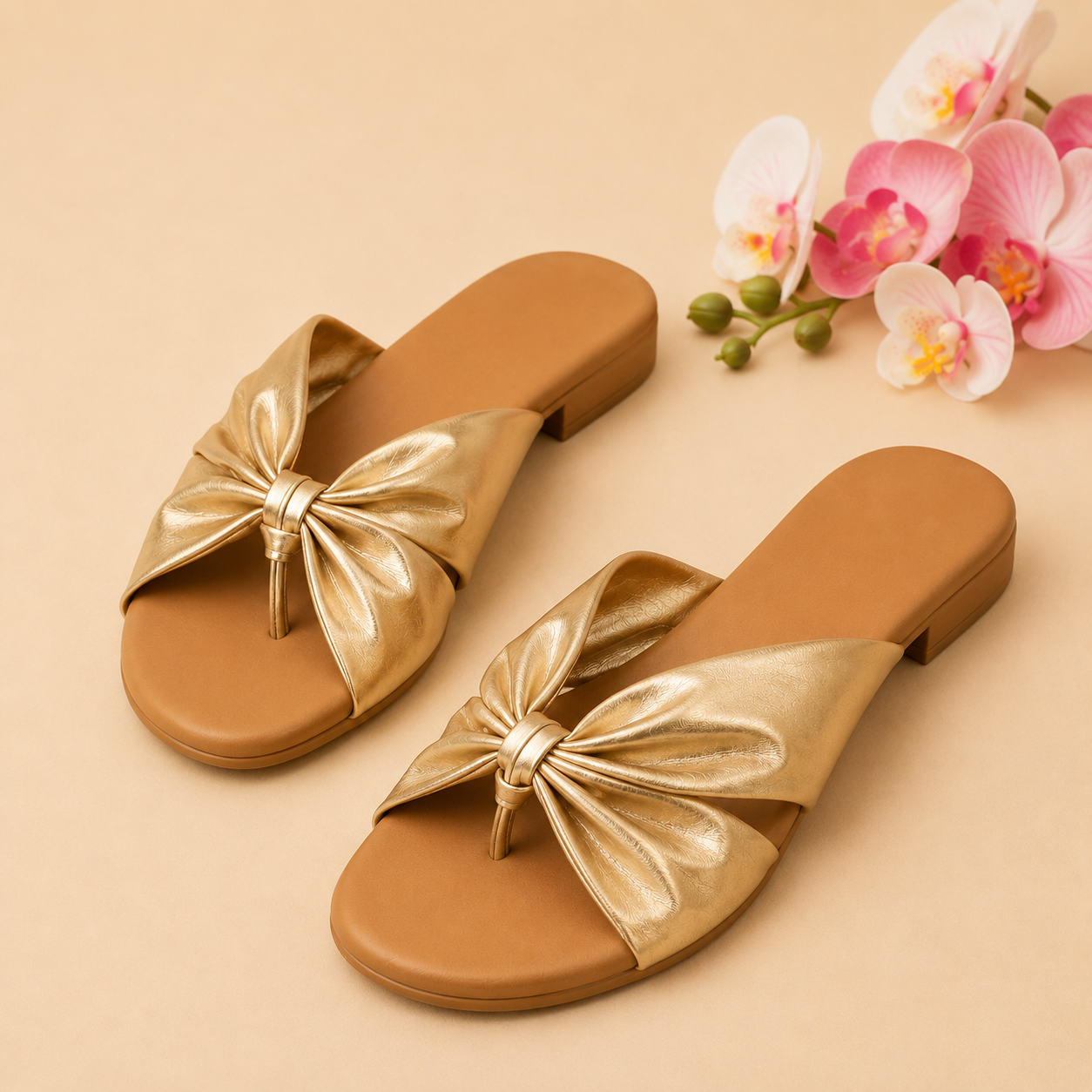 Golden Bow Detail Toe-Ring Flats for Women | Elegant Casual Slip-On Sandals