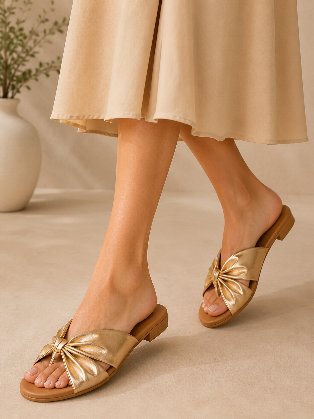 Golden Bow Detail Toe-Ring Flats for Women | Elegant Casual Slip-On Sandals