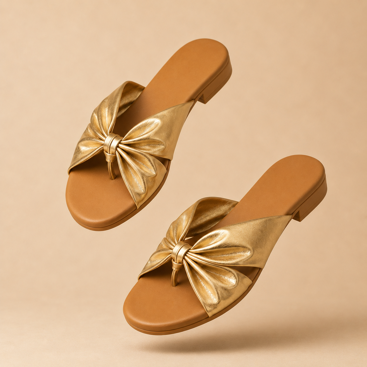 Golden Bow Detail Toe-Ring Flats for Women | Elegant Casual Slip-On Sandals