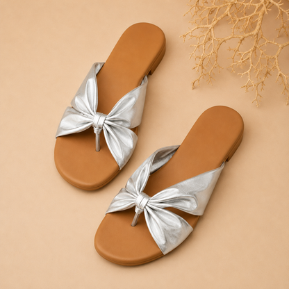 Silver Bow Detail Toe-Ring Flats for Women | Elegant Casual Slip-On Sandals