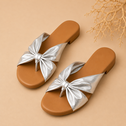 Silver Bow Detail Toe-Ring Flats for Women | Elegant Casual Slip-On Sandals