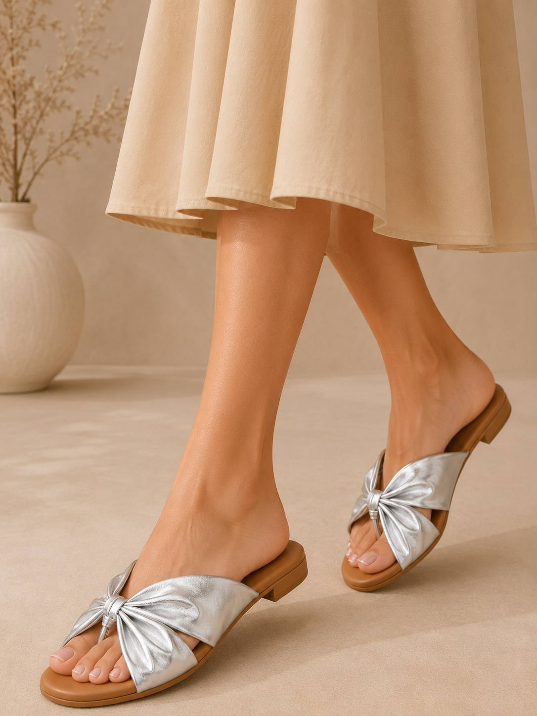 Silver Bow Detail Toe-Ring Flats for Women | Elegant Casual Slip-On Sandals