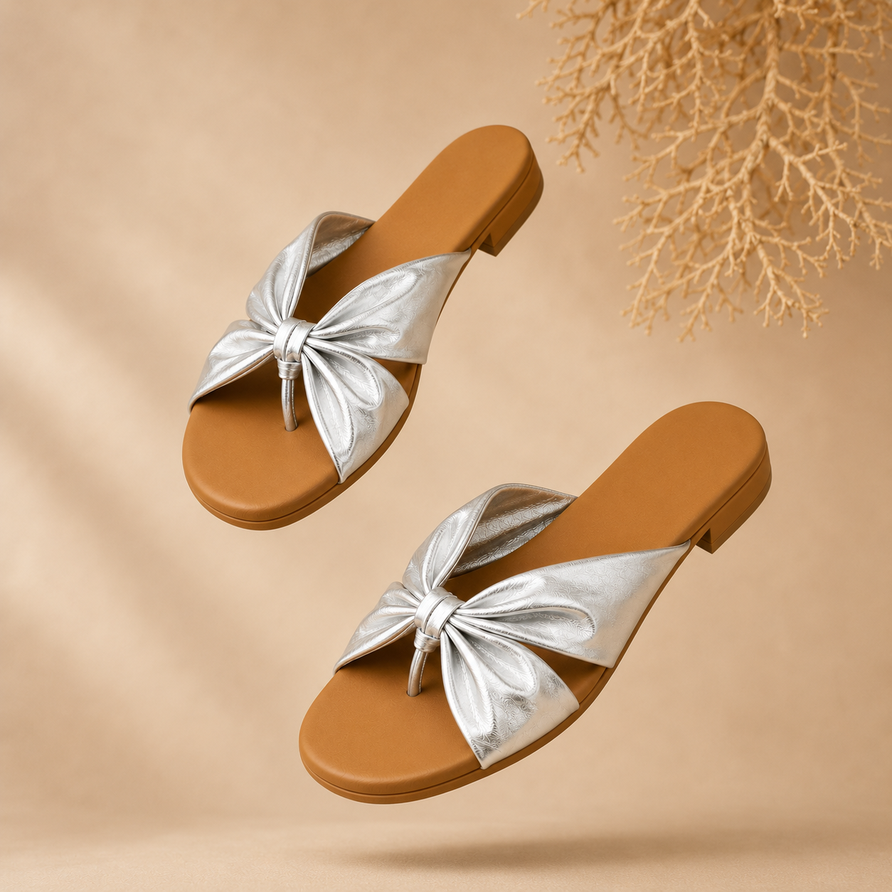 Silver Bow Detail Toe-Ring Flats for Women | Elegant Casual Slip-On Sandals
