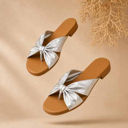Silver Bow Detail Toe-Ring Flats for Women | Elegant Casual Slip-On Sandals
