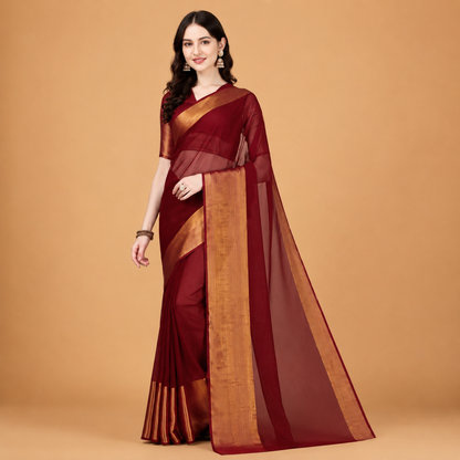 Women's Premium Maroon Organza Saree with Rich Golden Zari Border | Festive & Party Wear Ethnic Saree