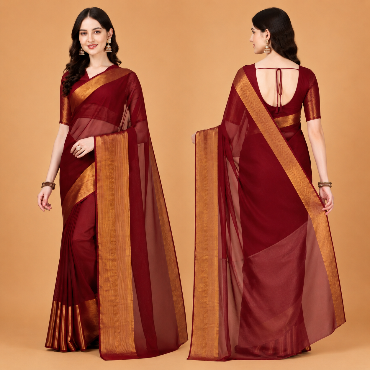 Women's Premium Maroon Organza Saree with Rich Golden Zari Border | Festive & Party Wear Ethnic Saree