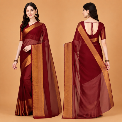 Women's Premium Maroon Organza Saree with Rich Golden Zari Border | Festive & Party Wear Ethnic Saree