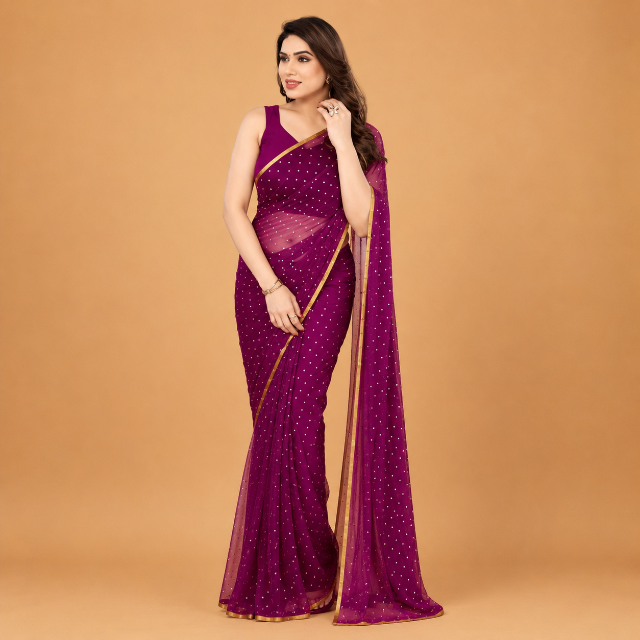 Women's Premium Magenta Net Saree with Golden Stone Work & Elegant Border | Party Wear & Festive Saree