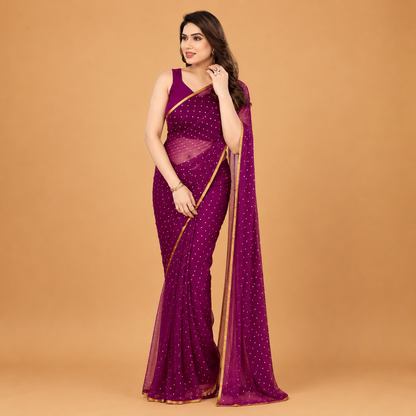 Women's Premium Magenta Net Saree with Golden Stone Work & Elegant Border | Party Wear & Festive Saree