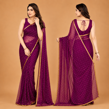 Women's Premium Magenta Net Saree with Golden Stone Work & Elegant Border | Party Wear & Festive Saree