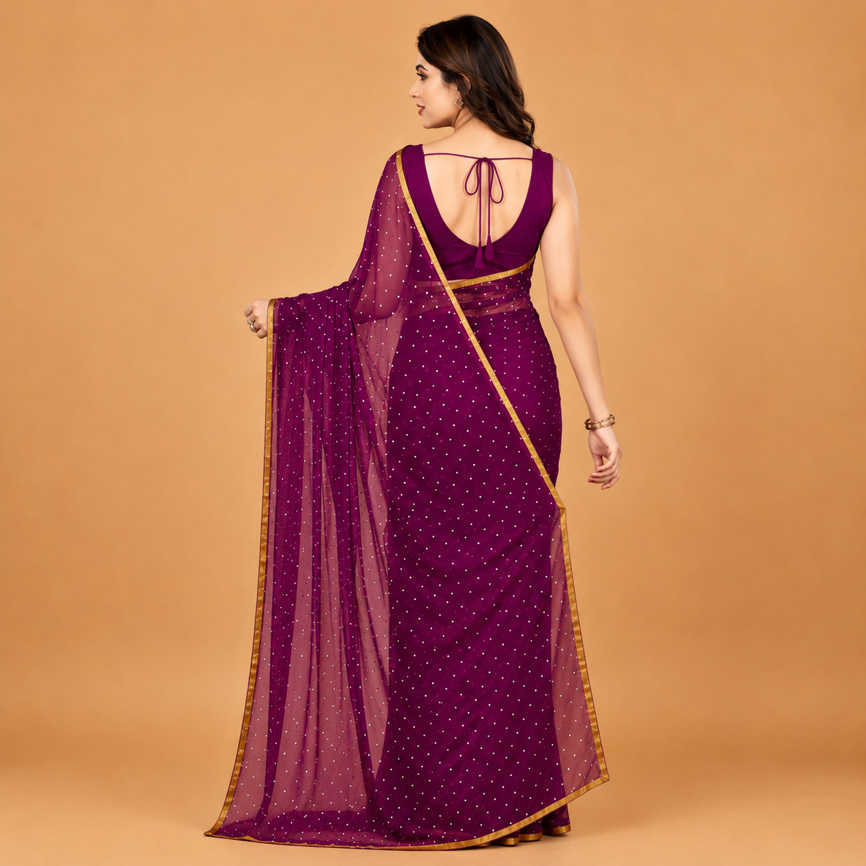Women's Premium Magenta Net Saree with Golden Stone Work & Elegant Border | Party Wear & Festive Saree